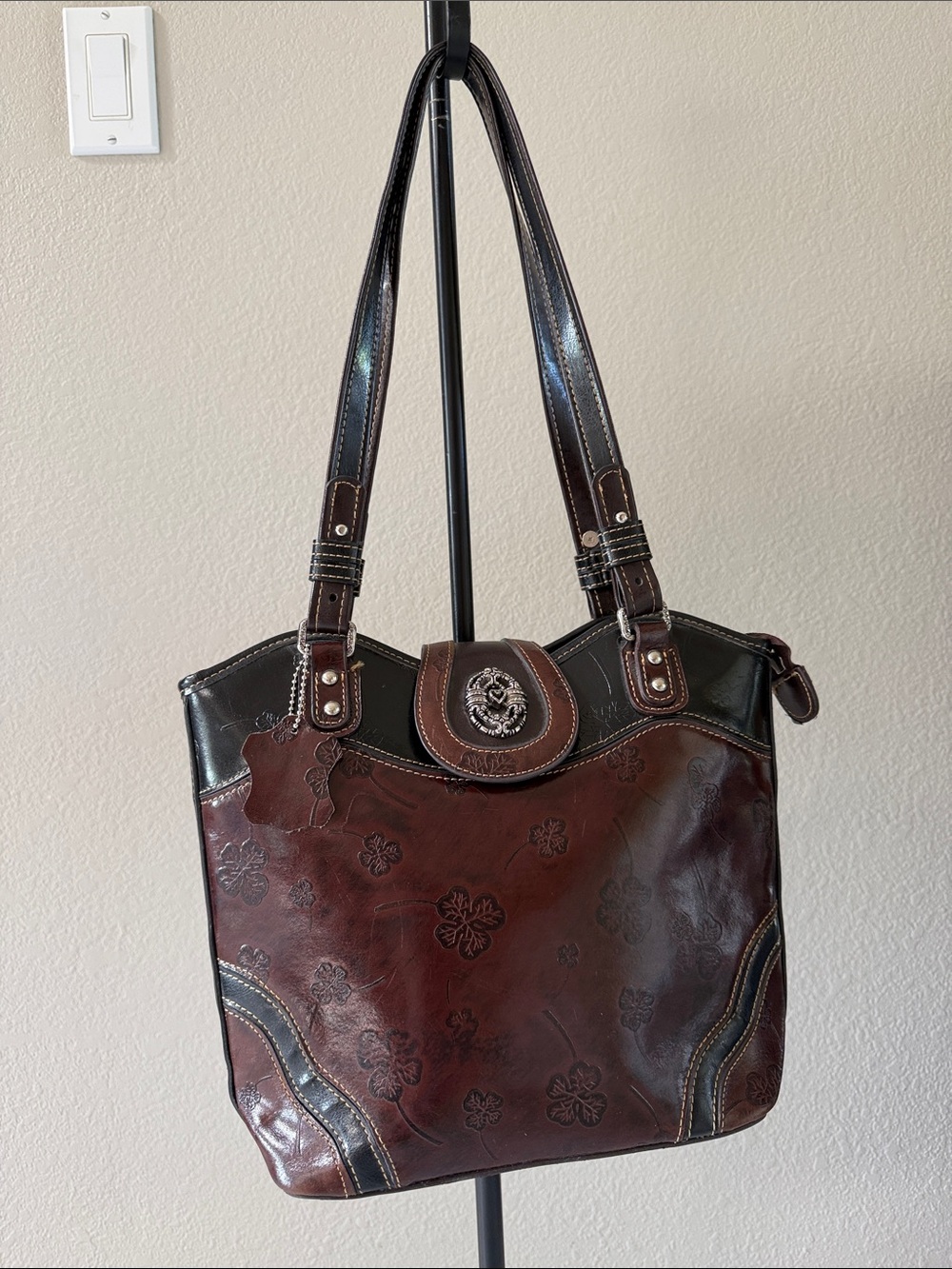 Embossed Floral Leather Shoulder Bag in Dark Brown
